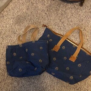 Laura Ashley Navy and Tan Leaf Print Tote Set